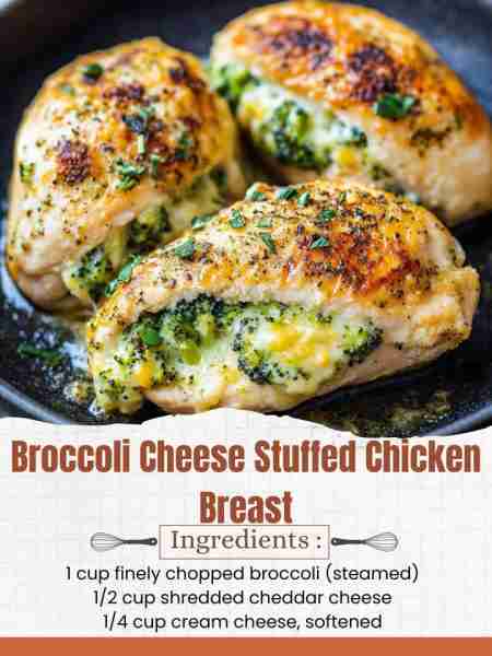 Broccoli Cheese Stuffed Chicken Breast Ingredients: 4 boneless, skinless chicken breasts 1 cup finel...