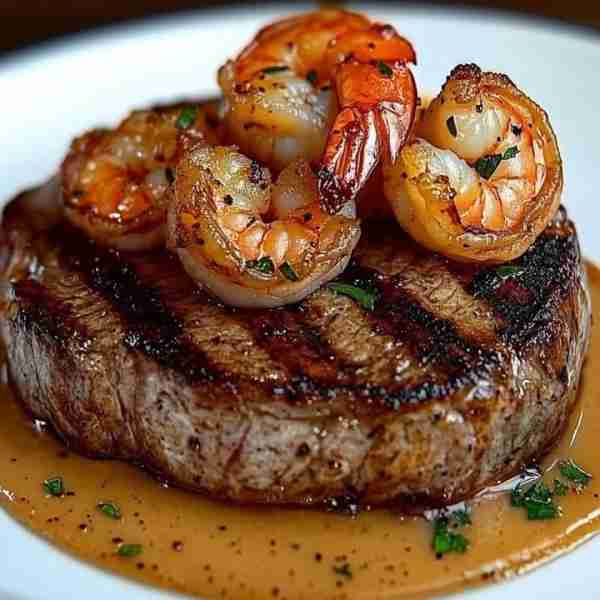 Surf & Turf Steak with Garlic Butter Shrimp Luxury on a plate! Juicy grilled steak crowned with butt...