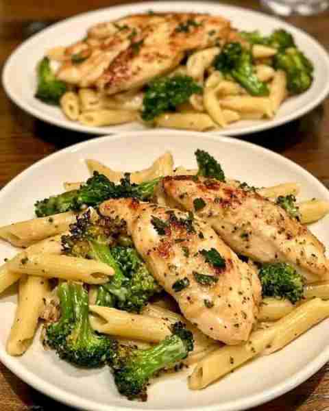 Garlic Parmesan Chicken with Roasted Broccoli Penne Creamy Garlic Parmesan Crusted Chicken over Roas...