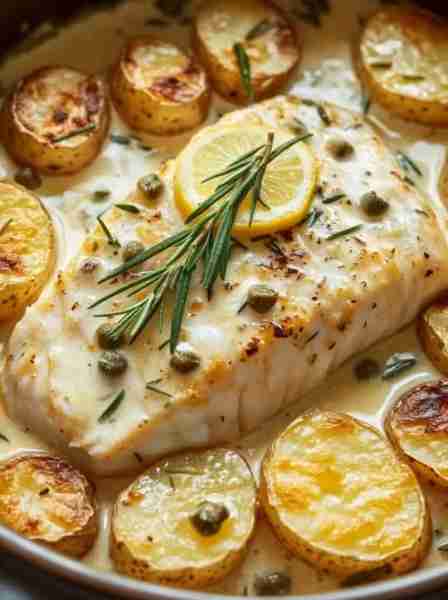Tender Baked Cod and Yukon Potatoes in a Creamy Rosemary and Lemon Sauce 🐟🥔 Comfort food done righ...