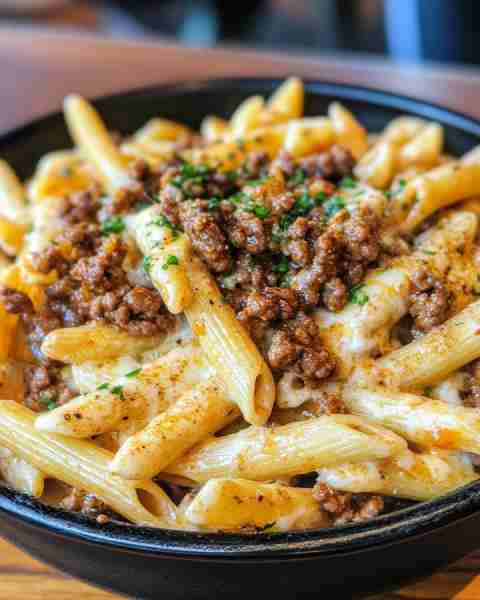 CAJUN CREAMY GARLIC BUTTER BEEF PENNE WITH PARMESAN Ingredients: 1 lb ground beef 12 oz penne pasta...