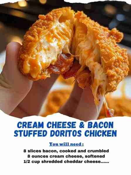 Cream Cheese & Bacon Stuffed Doritos Chicken Ingredients: 4 boneless, skinless chicken breasts 8 sl...