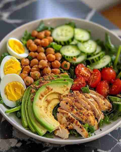 Grilled Chicken Avocado Salad 🍗 Grilled chicken breast (sliced) 🥚 2 boiled eggs (halved) 🥑 1/2 av...