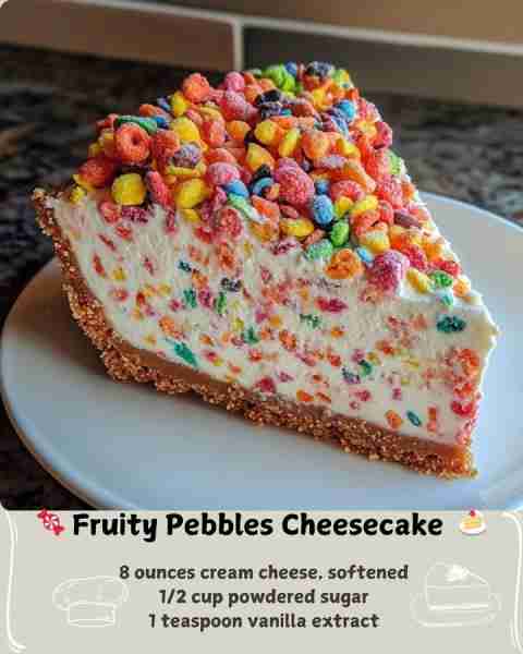 🍰 Fruity Pebbles Cheesecake 🍬 Ingredients For the Crust: 2 cups Fruity Pebbles cereal, lightly cru...