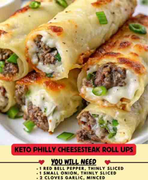 Keto Philly Cheesesteak Roll Ups Ingredients: 1 1/2 pounds thinly sliced flank steak or ribeye 1 tab...