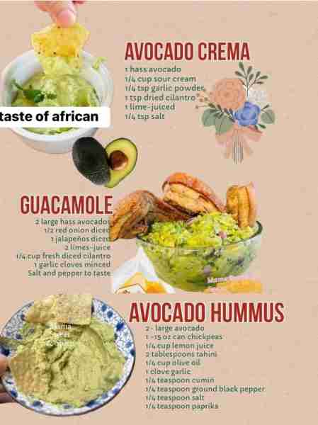Creamy Avocado Dipping Recipes 1. AVOCADO CREMA: 1 hass avocado 1/4 cup sour cream 1/4 tsp garlic po...