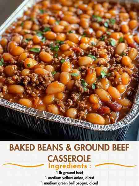 Baked Beans & Ground Beef Casserole Ingredients: 1 lb ground beef 1 medium yellow onion, diced 1 med...