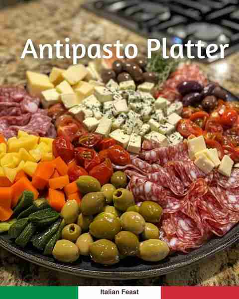 🇮🇹 Antipasto Misto (Antipasto Platter) A colorful spread of cured meats, cheeses, olives, and marina...
