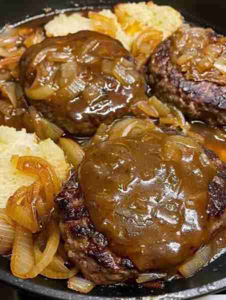 Hamburger Steaks with Onion Gravy Ingredients • 1 lb ground beef • 1 egg • 1/3 cup breadcrumbs • 1/...