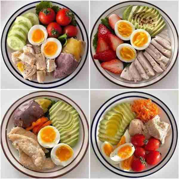Top Left Bowl 🥒 Cucumber + 🍗 Chicken breast 🍠 Sweet potato + 🍅 Cherry tomatoes 🥚 Boiled egg Top...