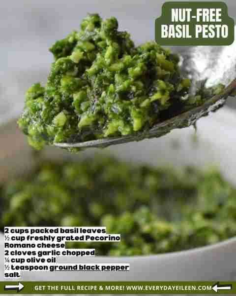 Homemade basil pesto, nut-free is easy and affordable to make at home. Great on sandwiches, pasta, v...