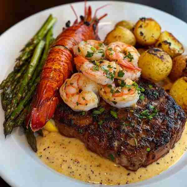 Surf & Turf Deluxe: Seared Steak with Shrimp Cream Sauce, Lobster Tail, Roasted Baby Potatoes & Aspa...