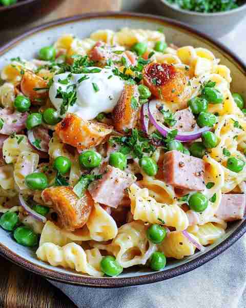 Pea and Ham Pasta Salad Ingredients: 300g pasta (spirals or shells work well) 1 cup frozen peas 200g...