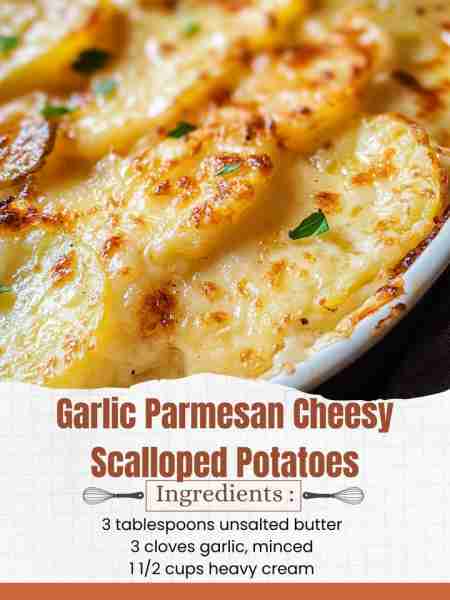 Garlic Parmesan Cheesy Scalloped Potatoes Ingredients: 4 large russet potatoes, peeled and thinly sl...
