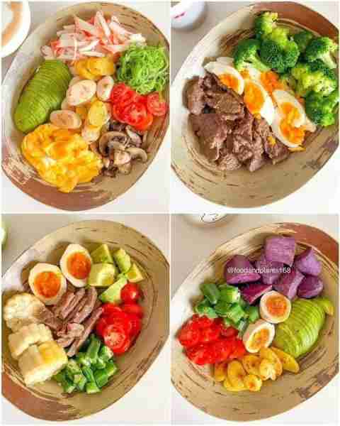 Top Left Bowl 🦀 Imitation crab + 🥑 Avocado 🍳 Scrambled eggs + 🍄 Mushrooms 🍅 Cherry tomatoes +...