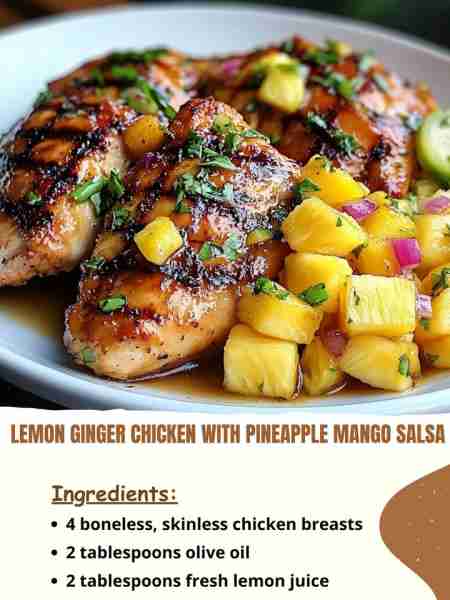 Lemon Ginger Chicken with Pineapple Mango Salsa Ingredients: 4 boneless, skinless chicken breasts 2...