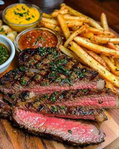 Grilled Chimichurri Steak with Garlic Parmesan Fries A juicy fiesta on a board! 🥩🍟🌿✨ --- Ingredi...