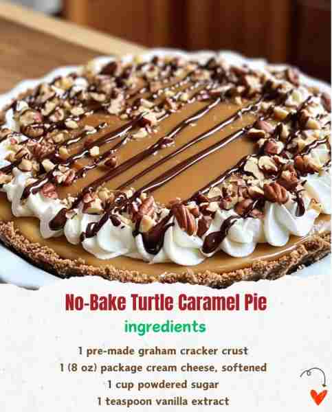 No-Bake Turtle Caramel Pie 🥧🍯🍫🌰 Ingredients: 1 pre-made graham cracker crust 🥄 1 (8 oz) pack...
