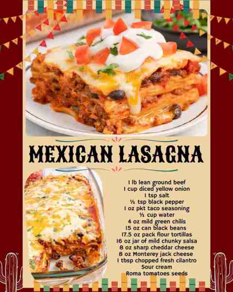 MEXICAN LASAGNA! 1 lb lean ground beef 1 cup diced yellow onion 1 tsp salt ½ tsp black pepper 1 oz p...