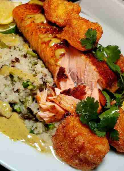 Deep Fried Scallops and Roasted Salmon in Lemon Dijon sauce with Jasmine Wild Rice…