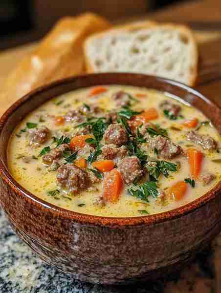 Creamy Parmesan Italian Sausage Soup 🍲🌿🧀 Ingredients: Sausage Veggies (onion, garlic, carrots...