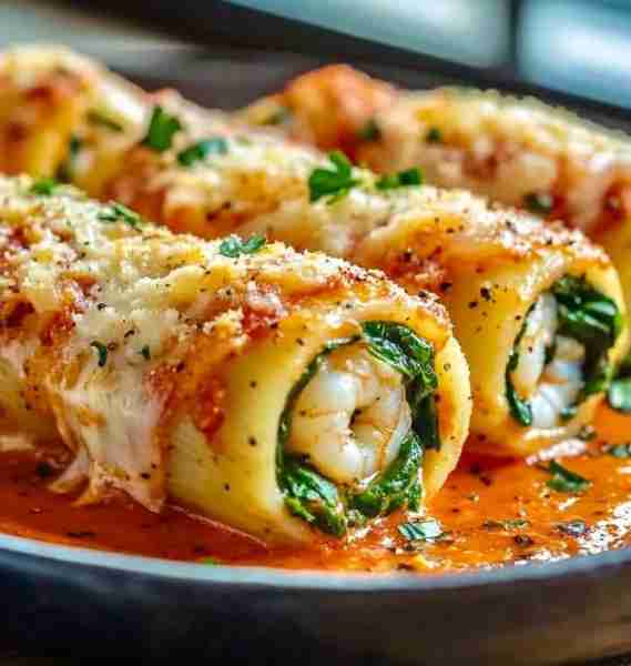 Shrimp and Spinach Stuffed Pasta Rolls with Roasted Red Pepper Cream 🌶️ INGREDIENTS: 12 lasagna noo...