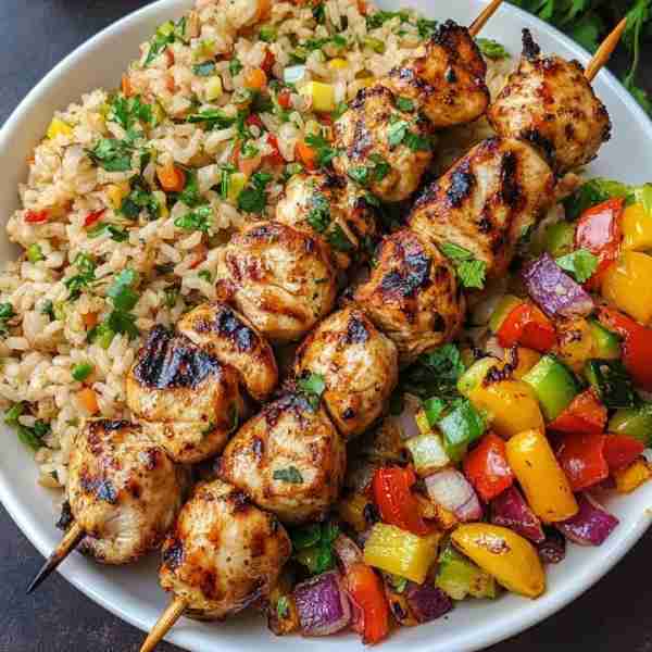 🔥 Grilled Chicken Skewers with Veggie Rice 🍢🍚 A flavor-packed meal featuring juicy, marinated chi...