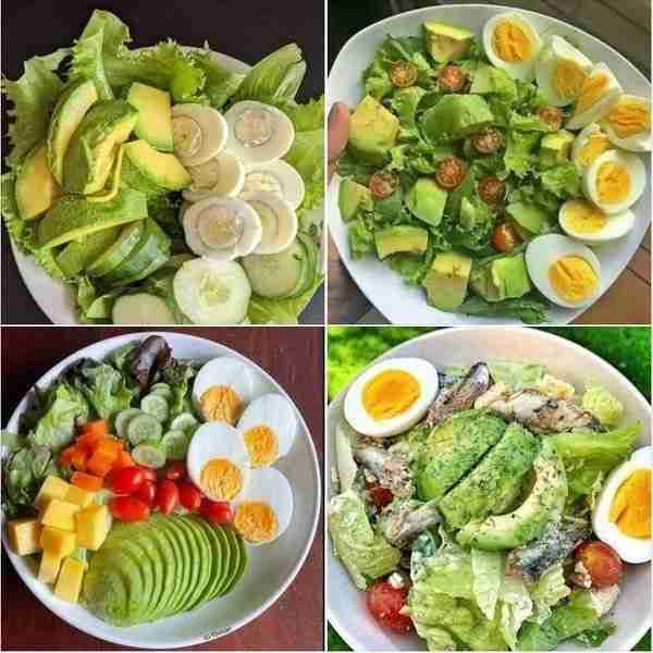 Top Left Bowl 🥬 Lettuce 🥑 Avocado slices 🥚 Boiled eggs 🥒 Cucumber Top Right Bowl 🥬 Chopped gree...