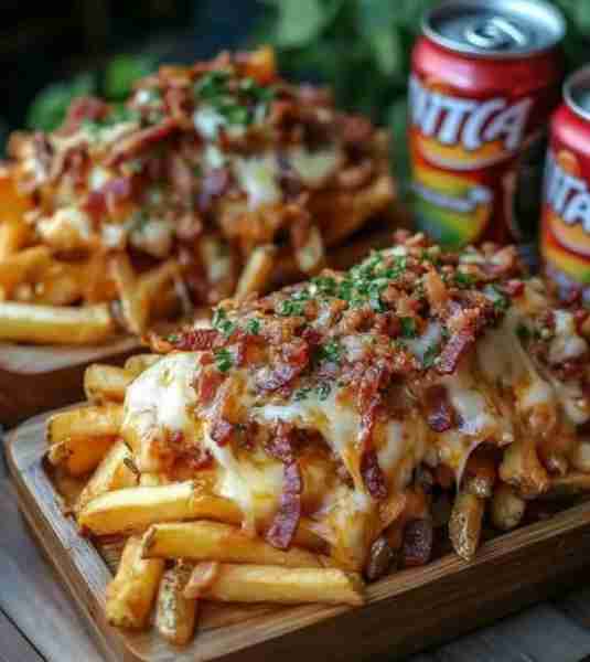 Loaded French Fries with Cheese, Bacon, and BBQ Sauce 🍟🧀🥓 Ingredients: 4 cups frozen French fries...
