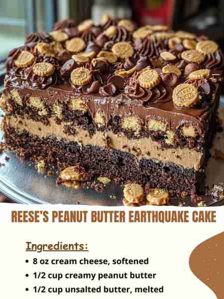 Reese’s Peanut Butter Earthquake Cake Ingredients: 8 oz cream cheese, softened 1/2 cup creamy peanut...