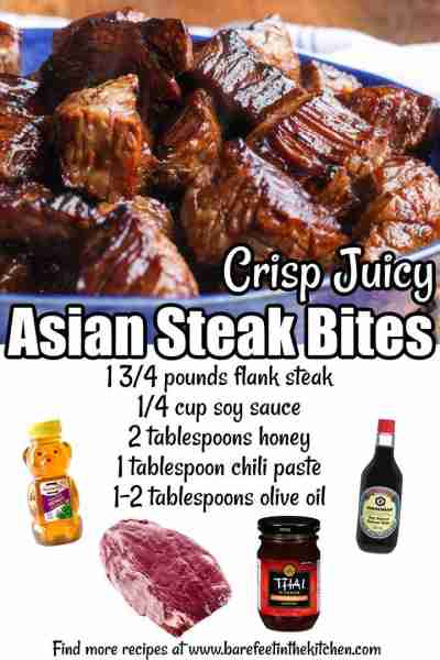 Asian Steak Bites https://barefeetinthekitchen.com/asian-steak-bites-recipe/ Crisp on the outside, h...