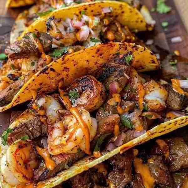 Surf & Turf Street Tacos 🔥🌮 Grilled Steak & Shrimp Tacos with Spicy Drizzle 🌶️✨ ⸻ Ingredients: Fo...