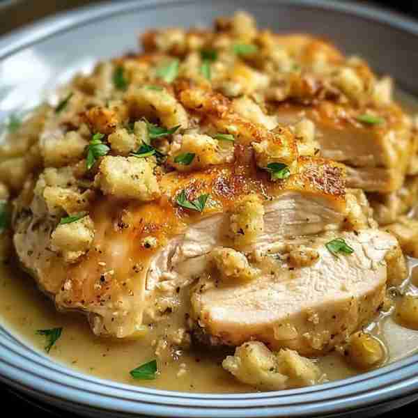 4-Ingredient Slow Cooker Chicken with Stuffing 🍗 This simple dish is perfect for a comforting fami...