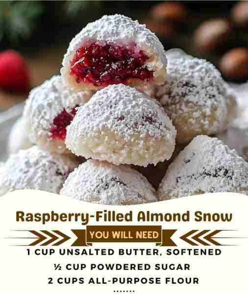 ❄️🍪 Dreamy Raspberry-Filled Almond Snow Cookies – Buttery, Fruity & Melting Magic! 🍓✨ These fluff...