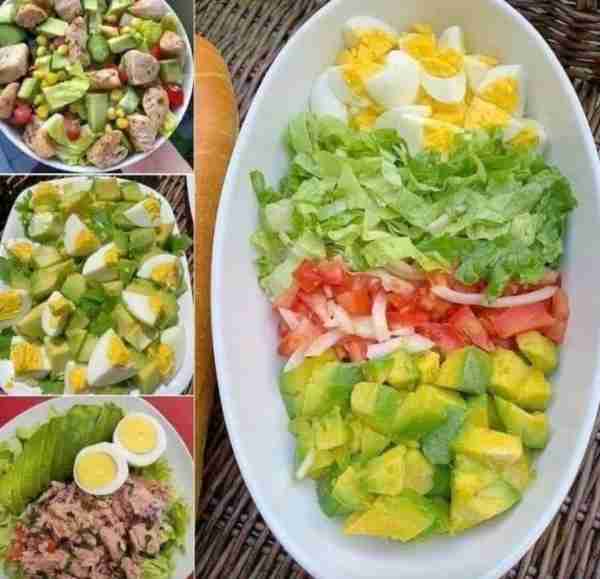 Top Left Plate 🍗 Grilled chicken 🥑 Avocado + 🥒 Cucumber 🍅 Tomato + 🌽 Corn 🥬 Mixed greens Middl...