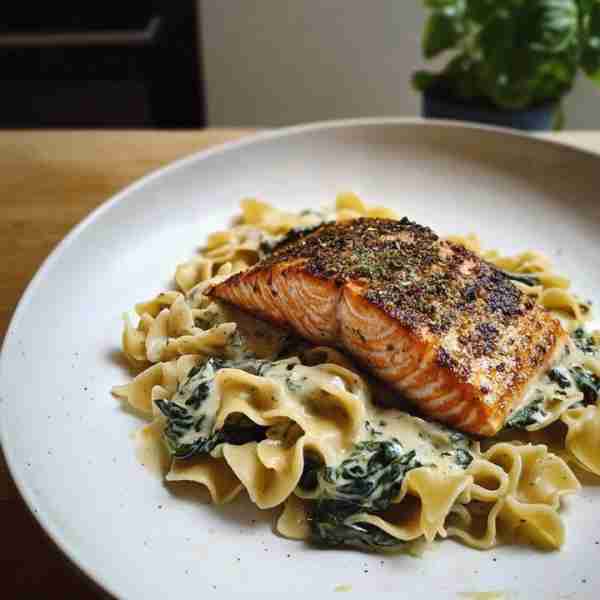 Creamy Spinach Pasta with Seared Salmon Ingredients: For the pasta: 8 oz ruffled pasta (e.g., pappar...