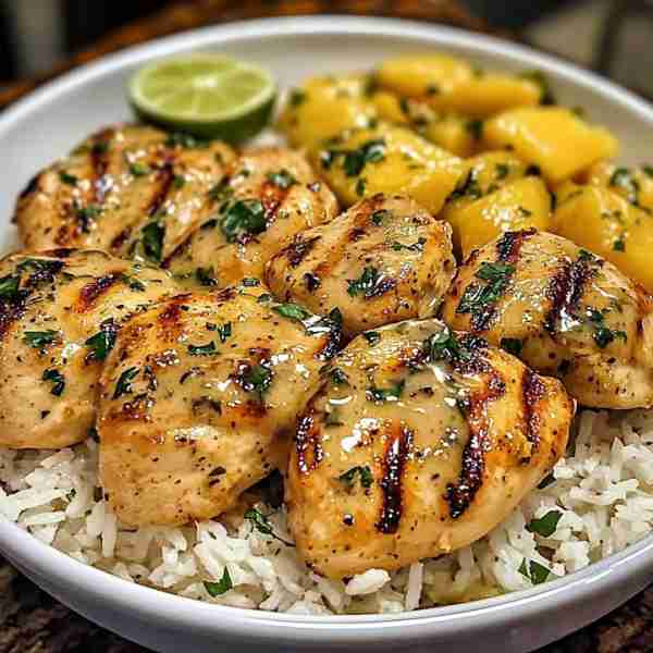🥭🍗🍈🥥 Grilled Mango Lime Chicken with Coconut Rice 🍽️ Servings: 4 ⏱️ Time: Prep: 20 mins | Marina...