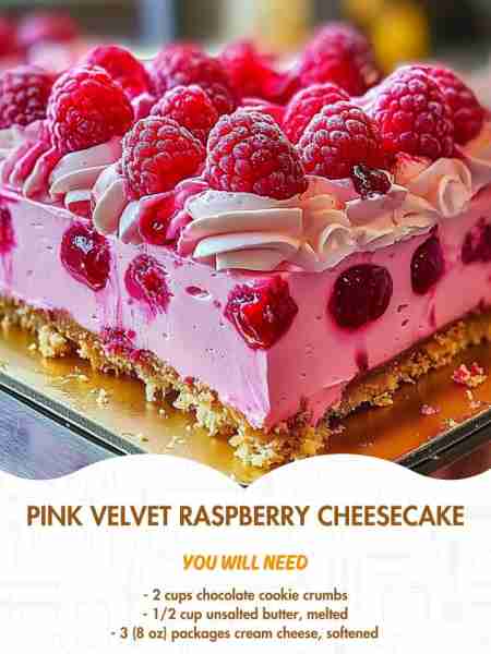 Pink Velvet Raspberry Cheesecake Ingredients: - 2 cups chocolate cookie crumbs - 1/2 cup unsalted...