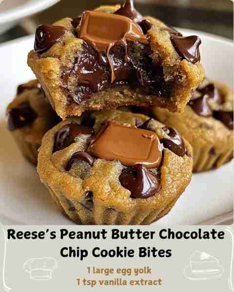 🍪 Reese’s Peanut Butter Chocolate Chip Cookie Bites 🍪 Ingredients: For the Cookie Dough: 1/2 cup c...