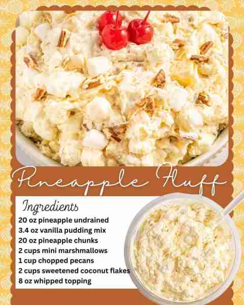PINEAPPLE FLUFF SALAD! 🍍 20 oz pineapple undrained 🍍 3.4 oz vanilla pudding mix 🍍 20 oz pineapple...