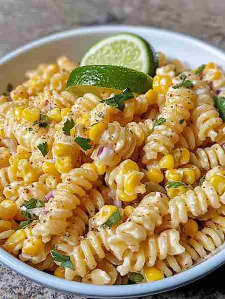 Street Corn Pasta Salad 🌽🍝🧂 Ingredients: 8 oz rotini 2 cups sweet corn ¼ cup mayo ¼ cup c...