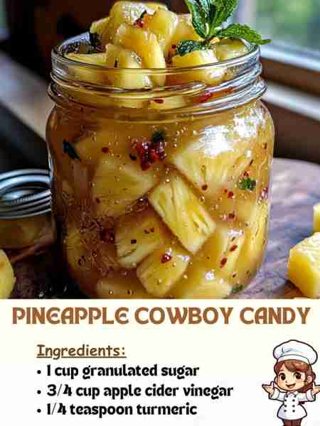 Pineapple Cowboy Candy Ingredients 1 cup granulated sugar ¾ cup apple cider vinegar ¼ teaspoon turme...