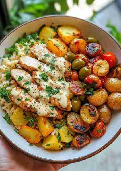 🌶️ This Spicy Feta Chicken Alfredo with Roasted Potatoes is a bold Mediterranean-inspired dish. Gree...
