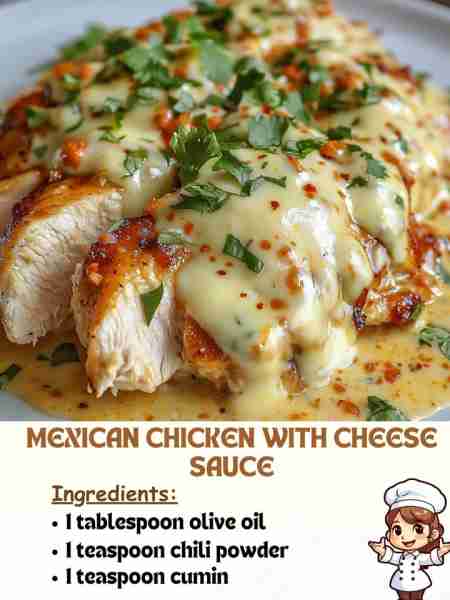 Mexican Chicken with Cheese Sauce Ingredients 1 tablespoon olive oil 1 teaspoon chili powder 1 teasp...