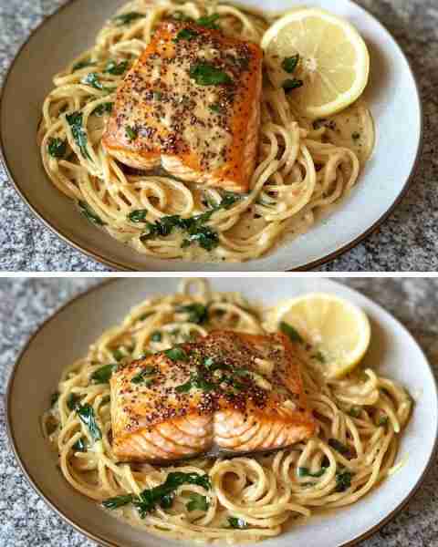 Lemon Tahini Salmon with Baby Greens Pasta Silky Lemon Tahini Salmon over Herbed Greens and Pasta Ne...