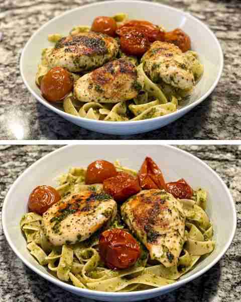Spinach Pesto Chicken with Roasted Tomato Pasta Grilled Chicken Pasta with Spinach Pesto and Oven-Ro...