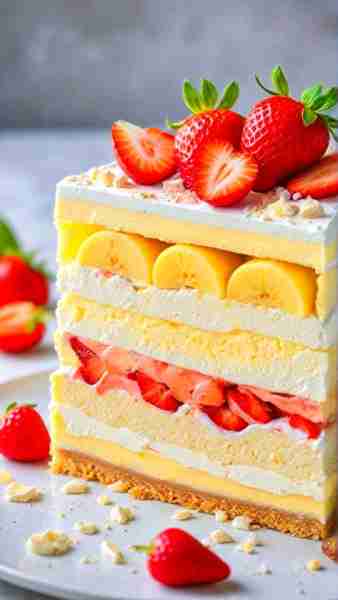 STRAWBERRY BANANA CREAM LAYER CAKE For the Base: 1½ cups graham cracker crumbs 5 tbsp melted butter...