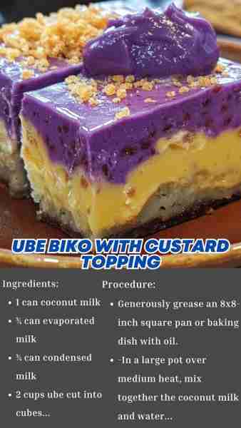 Ube Biko with Custard Topping Ingredients: STICKY RICE: 2 cups glutinous rice - washed and drained ¾...