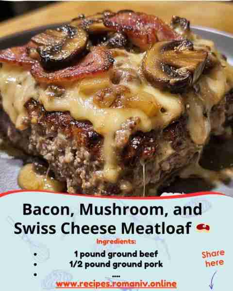 Swiss Cheese, Bacon, and Mushroom Meatloaf 🥩🧀🍄 Indulge in this flavorful Swiss Cheese, Bacon, and...