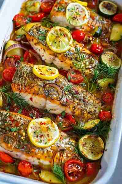 Mediterranean Baked Fish 🐟🍋 Ingredients: 4 fish fillets (cod, sea bass, or snapper) Salt and fresh...